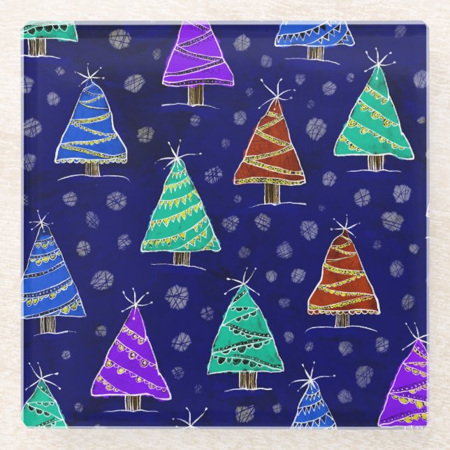 Watercolor Christmas Trees: Forest Pattern. Glass Coaster (Front)