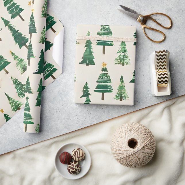 Watercolor Christmas Trees | Green Pine Holiday Wrapping Paper (Crafts)