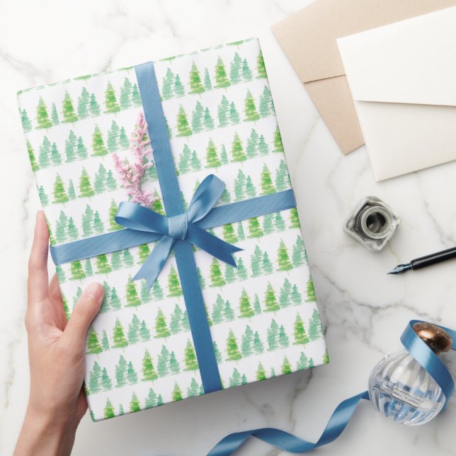 Watercolor Christmas Trees Green White Wrapping Paper (Gifting)