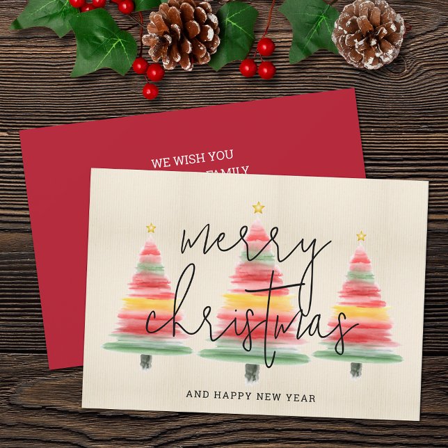 Watercolor Christmas Trees Holiday Card (Watercolor striped Christmas trees flat holiday greeting cards feature your greeting on the back.)