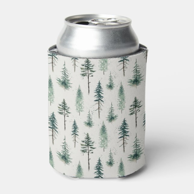 Watercolor Christmas Trees Holiday Pattern Can Cooler (Can Front)