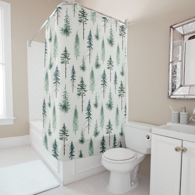Watercolor Christmas Trees Holiday Pattern Shower Curtain (In Situ)
