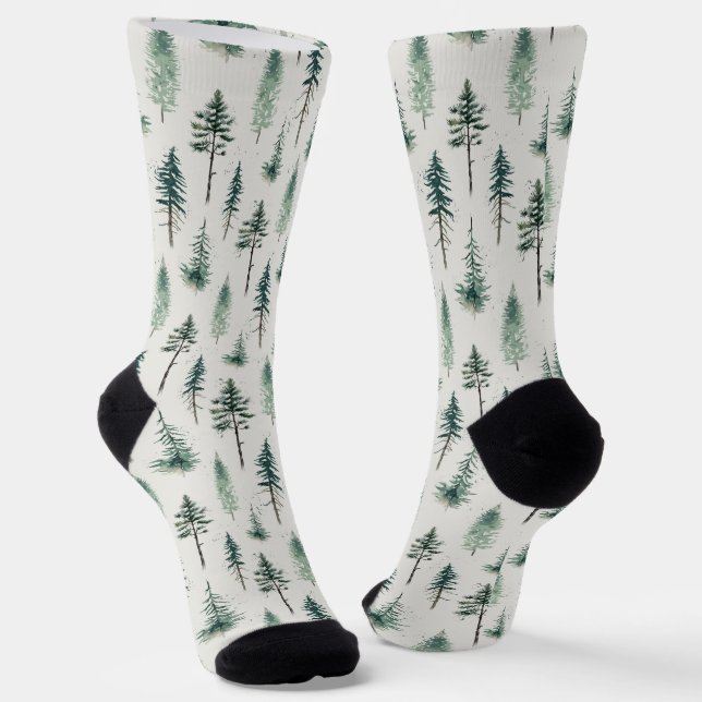 Watercolor Christmas Trees Holiday Pattern Socks (Angled)