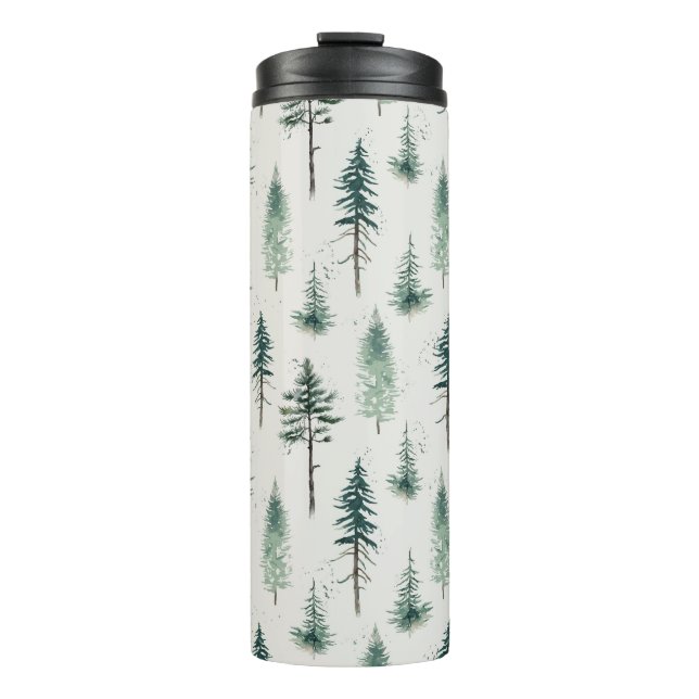 Watercolor Christmas Trees Holiday Pattern Thermal Tumbler (Front)