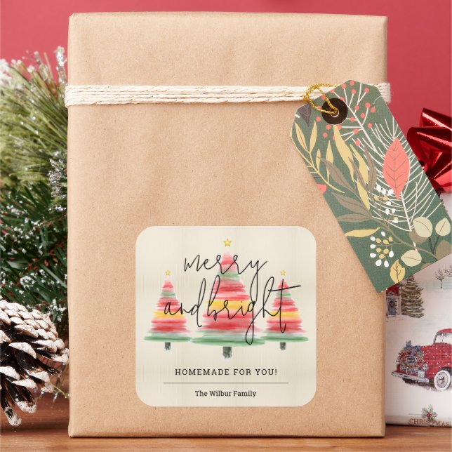 Watercolor Christmas Trees Homemade for You Square Sticker (Holiday)