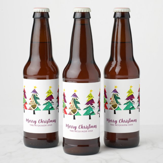 Watercolor Christmas Trees Merry Christmas     Beer Bottle Label (Bottles)