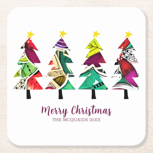  Watercolor Christmas Trees Merry Christmas  Square Paper Coaster (Front)