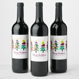 Watercolor Christmas Trees Merry Christmas Wine Label