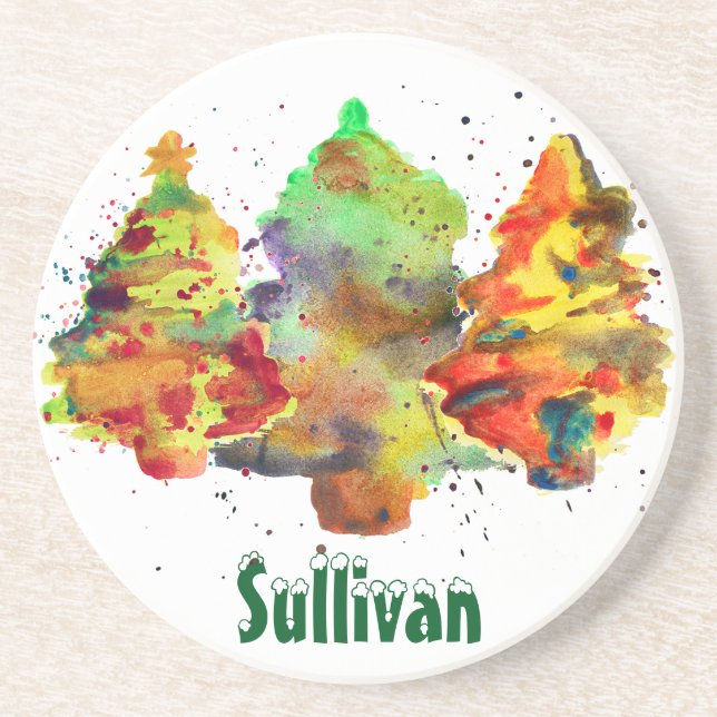 Watercolor Christmas Trees, Personalised sandstone Coaster (Front)