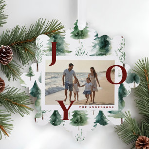 Watercolor Christmas Trees Red Joy Photo Tree Decoration Card