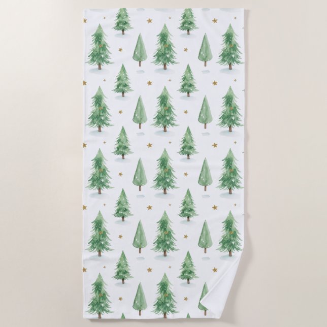 Watercolor Christmas Trees Seamless Pattern Beach Towel (Front)