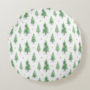 Watercolor Christmas Trees Seamless Pattern Round Cushion