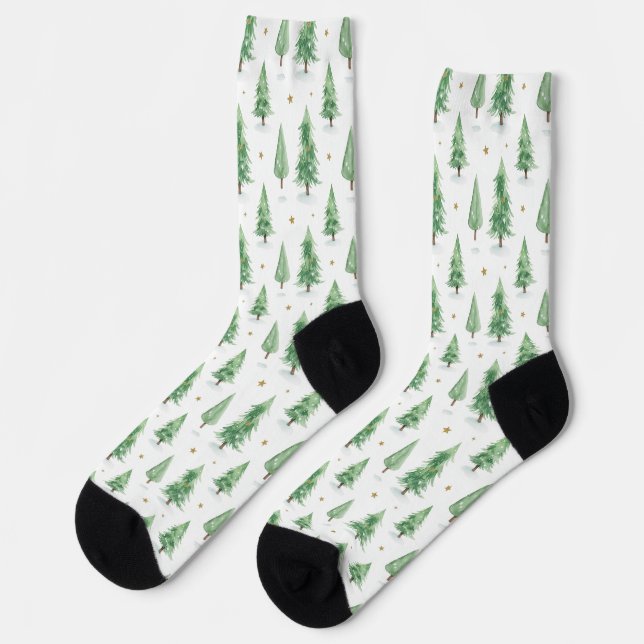 Watercolor Christmas Trees Seamless Pattern Socks (Left)