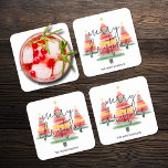 Watercolor Christmas Trees Square Paper Coaster<br><div class="desc">Beautiful watercolor Christmas trees topped with a gold star accent these square paper coasters with Merry Christmas and your family name in chic lettering. Fun for your holiday decor or give as a gift. MATCHING items in our collection.</div>