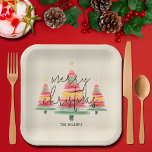 Watercolor Christmas Trees Square Paper Plate<br><div class="desc">Beautiful watercolor Christmas trees topped with a gold star on ivory stripes accent these square paper plates with Merry Christmas and your family name in chic lettering. MATCHING items in our collection.</div>