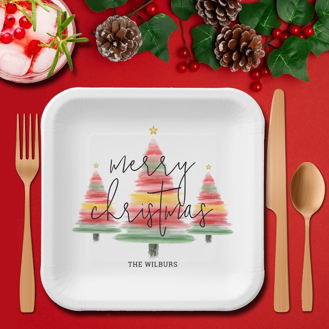 Watercolor Christmas Trees Square Paper Plate (Creator Uploaded)