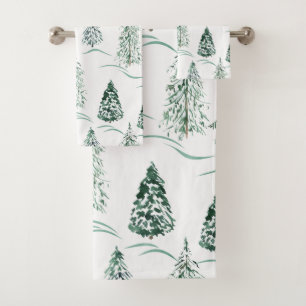 Watercolor Christmas trees. Winter forest.  Bath Towel Set