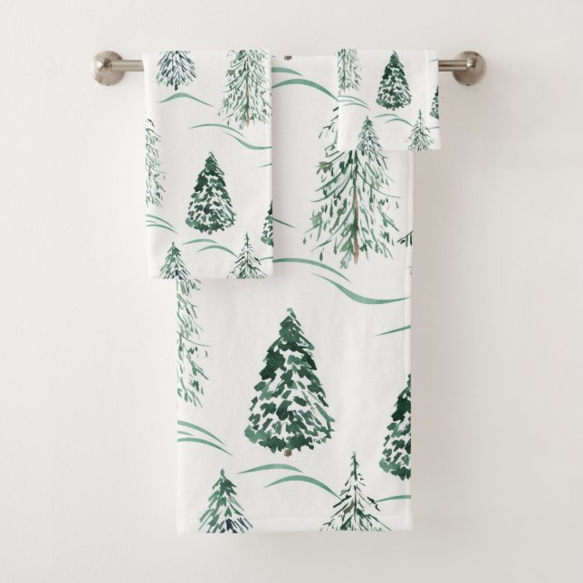 Watercolor Christmas trees. Winter forest.  Bath Towel Set (Insitu)