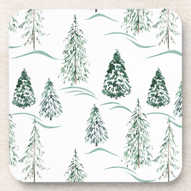 Watercolor Christmas trees. Winter forest. Coaster (Front)