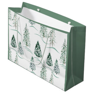 Watercolor Christmas trees. Winter forest.  Large Gift Bag