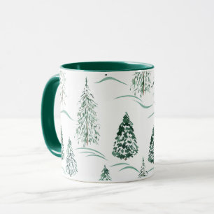 Watercolor Christmas trees. Winter forest.  Mug