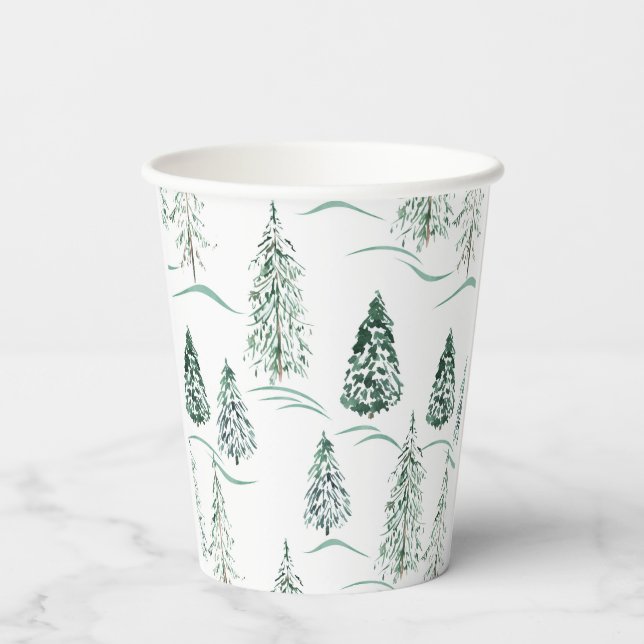 Watercolor Christmas trees. Winter forest.  Paper Cups (Back)