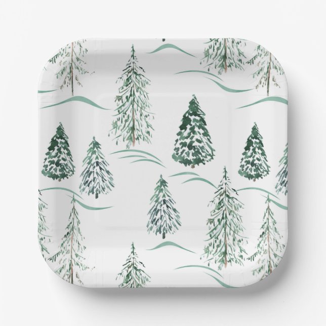 Watercolor Christmas trees. Winter forest. Paper Plate (Front)
