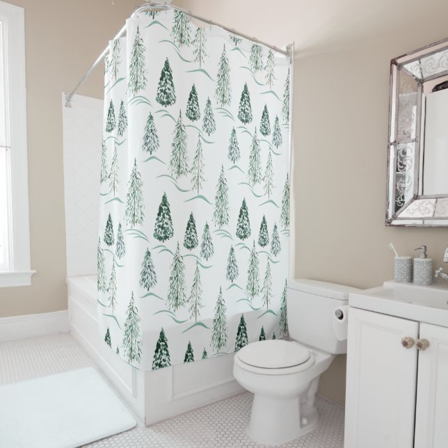 Watercolor Christmas trees. Winter forest. Shower Curtain (In Situ)