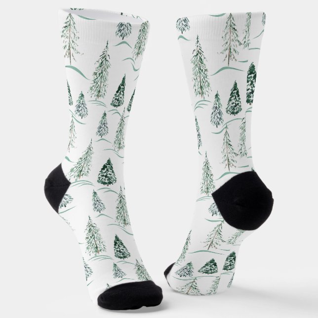 Watercolor Christmas trees. Winter forest.  Socks (Angled)