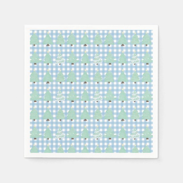 Watercolor Christmas Trees with Blue Plaid Napkin (Front)