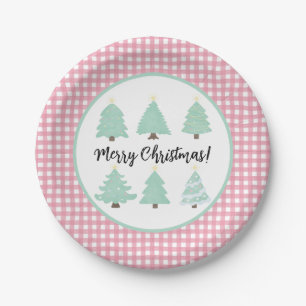 Watercolor Christmas Trees with Pink Plaid Paper Plate
