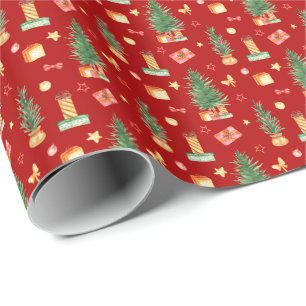 Watercolor Christmas Trees with Presents Red Wrapping Paper