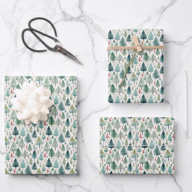 Watercolor Christmas Trees  Wrapping Paper Sheet (Front)
