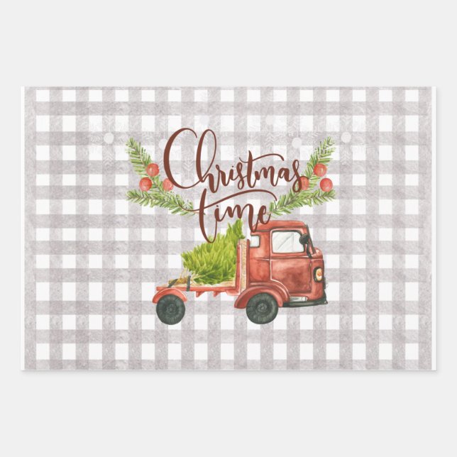 Watercolor Christmas Truck Wrapping Paper Set of 3 (Front)