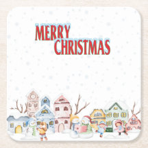Watercolor Christmas Village Coaster