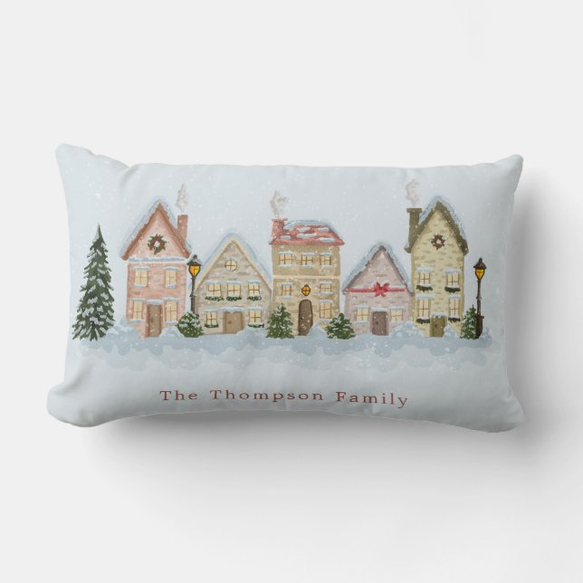 Watercolor Christmas Village Custom Family Name Lumbar Cushion (Front)