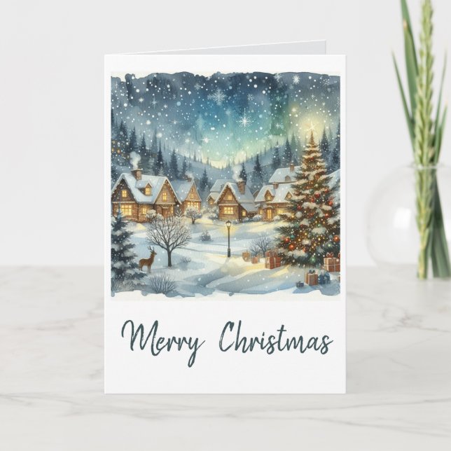 Watercolor Christmas Village Holiday Card (Front)