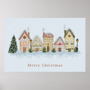 Watercolor Christmas Village Merry Christmas Blue Poster