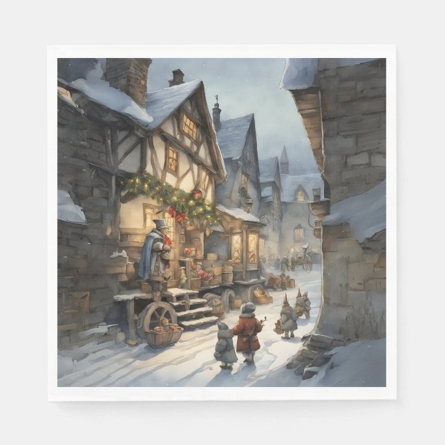 Watercolor Christmas Village  Napkin (Front)