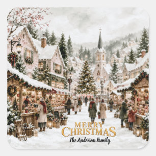 Watercolor Christmas Village Paper  Square Sticker