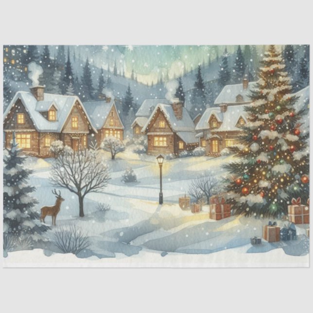  Watercolor Christmas Village with Reindeer Tissue Paper (Front)