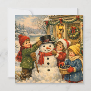 Watercolor Christmas Vintage Children and Snowman Holiday Card