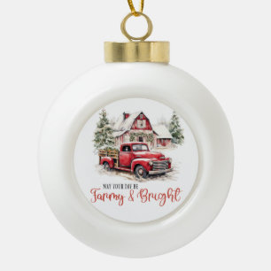 Watercolor Christmas Vintage Truck and Barn Ceramic Ball Christmas Ornament