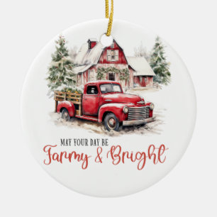 Watercolor Christmas Vintage Truck and Barn Ceramic Tree Decoration