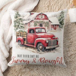 Watercolor Christmas Vintage Truck and Barn  Cushion