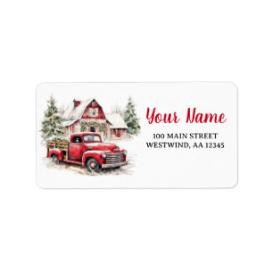 Watercolor Christmas Vintage Truck and Barn  Label