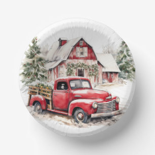 Watercolor Christmas Vintage Truck and Barn  Paper Plate