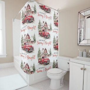 Watercolor Christmas Vintage Truck and Barn  Shower Curtain