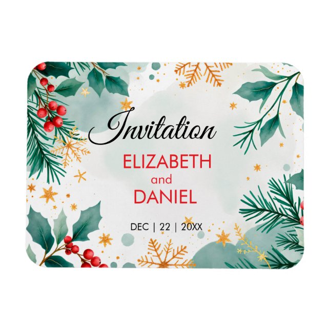 Watercolor Christmas Wedding Invitation with Holly Magnet (Horizontal)