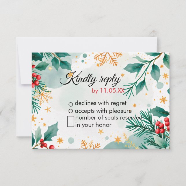 Watercolor Christmas Wedding RSVP Card – Holly (Front)